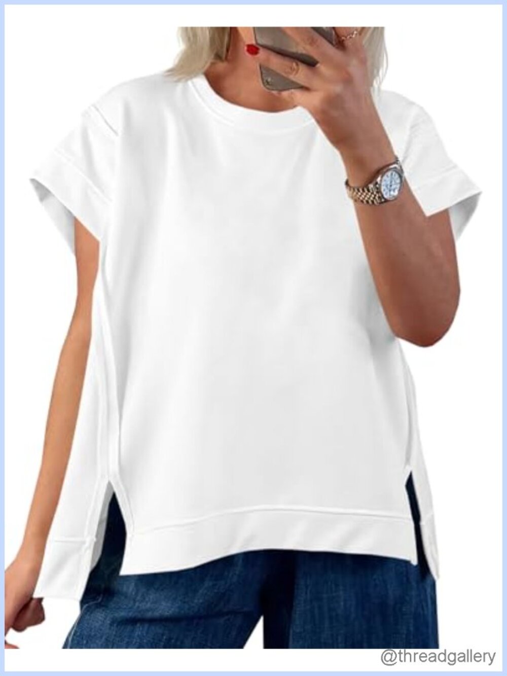 Oversized Cap Sleeve Side Slit Crew Neck T-Shirt Loose Fit Summer Tee